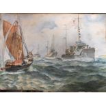 AN UNFRAMED WATERCOLOUR ON BOARD DEPICTING MINESWEEPER SHIPS INDISTINCTLY SIGNED LOWER RIGHT