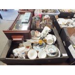 A TRAY OF ASSORTED CHINA TOGETHER WITH A TRAY OF GLASSWARE AND A REPRODUCTION WALL CLOCK