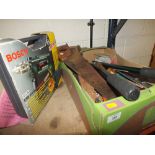 A CASED BOSCH POWER DRILL TOGETHER WITH A TRAY OF TOOLS ETC