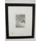 A FRAMED AND GLAZED DAVID QUIRKE PENCIL DRAWING OF A COUNTRY SCENE