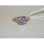 A HALLMARKED 9K GOLD AMETHYST AND DIAMOND RING, the amethyst measuring approx 10 mm x 10 mm ring