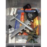 A BOX OF MODEL PLANES, BADGES ETC