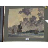 A FRAMED AND GLAZED WATERCOLOUR DEPICTING A COASTAL SCENE WITH YACHTS SIGNED R. COOK