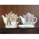 TWO NOVELTY SADLER TEAPOTS TOGETHER WITH A ROYAL CROWN DERBY PIN DISH