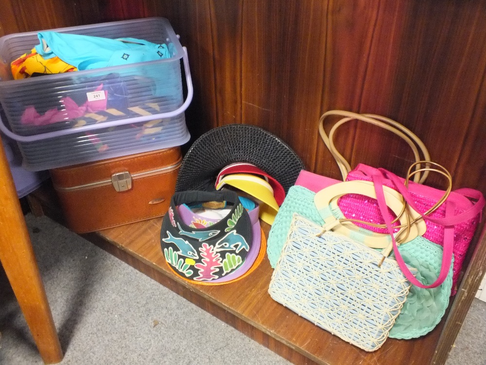 A QUANTITY OF MODERN BAGS, SWIM WEAR, HATS ETC.