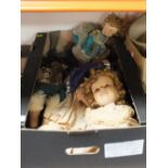 A TRAY OF VINTAGE TOY DOLLS ETC.