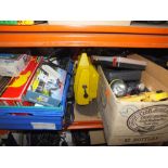 TWO BOXES OF TOOLS AND ELECTRICALS TO INCLUDE A JUMP START, CASED DRILL BITS ETC