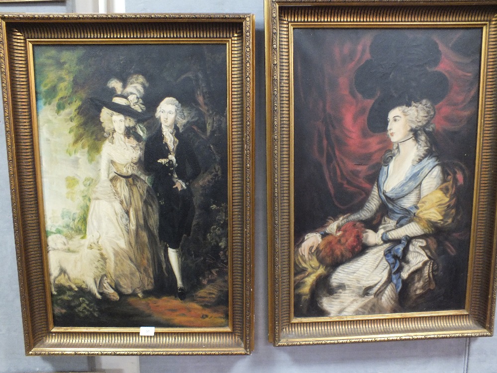 TWO GILT FRAMED OIL ON CANVASES DEPICTING FIGURES IN CLASSICAL DRESS