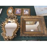 A VINTAGE GILT WOOD FRAMED MIRROR TOGETHER WITH ANOTHER AND THREE GILDED PRINTS (5)