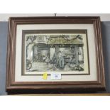 A FRAMED AND GLAZED DECOUPAGE PICTURE DEPICTING A BLACKSMITH SCENE BY ANTON PIECK
