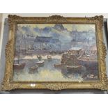 A LARGE FRAMED IMPRESSIONIST HARBOUR SCENE OIL ON CANVAS INDISTINCTLY SIGNED LOWER RIGHT