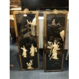 A SET OF FOUR ORIENTAL STYLE WALL HANGING PANELS WITH MOTHER OF PEARL FIGURATIVE DETAIL