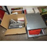 A METAL FILING CABINET TOGETHER WITH A QUANTITY OF STATIONARY ETC