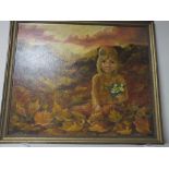 A VINTAGE OIL ON BOARD DEPICTING A YOUNG GIRL SEATED AMONGST AUTUMN LEAVES INDISTINCTLY SIGNED LOWER