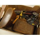 A BOX OF COLLECTABLE TO INCLUDE KNIVES, BINOCULARS ETC