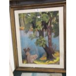 A FRAMED AND GLAZED OIL PAINTING DEPICTING A SQUIRREL AT WATER EDGE INSCRIBED SHIRLEY HILLER