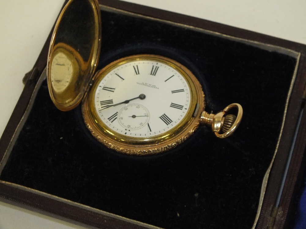 A VINTAGE WALTHAM GOLD PLATED FULL HUNTER POCKET WATCH