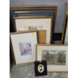 A COLLECTION OF ASSORTED WATERCOLOURS AND SIGNED PRINTS ETC TO INCLUDE A PORTRAIT MINIATURE,