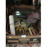 A TRAY OF ASSORTED COLLECTABLES TO INCLUDE A PAIR OF MINIATURE OIL PAINTINGS, DAYS GONE BY TOY CARS,