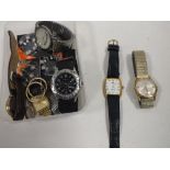 A BOX OF MODERN WRISTWATCHES, 9CT GOLD RING A/F ETC