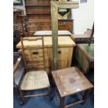A BRASS FENDER, OAK WICKER SEAT CHAIR AND A COMMODE (3)