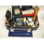 A BOX OF ASSORTED COLLECTABLES TO INCLUDE A SILVER HANDLED LETTER OPENER, PARKER PENS ETC