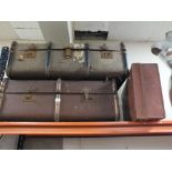 TWO LARGE VINTAGE BANDED PACKING TRUNKS TOGETHER WITH A LEATHER SUITCASE (3)