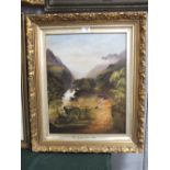 A GILT FRAMED OIL ON CANVAS DEPICTING A MOUNTAINOUS RIVER SCENE WITH CATTLE ENTITLED 'FAR FROM