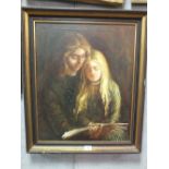 HOLMES. A 20th century study of mother and daughter reading a book, signed lower left, oil on