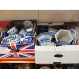 TWO TRAYS OF BLUE AND WHITE CERAMICS AND CHINA TO INCLUDE SPODE