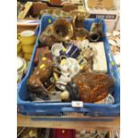 A TRAY OF ASSORTED CERAMICS AND METALWARE ETC TO INCLUDE BESWICK HORSES A/F MASONS ETC.