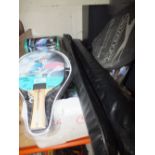 A BOX OF SPORTING ITEMS TO INCLUDE TABLE TENNIS BATS