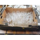 A TRAY OF CUT GLASS DRINKING GLASSES ETC.
