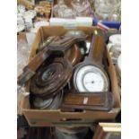 A TRAY OF VINTAGE OAK WALL BAROMETERS ETC.