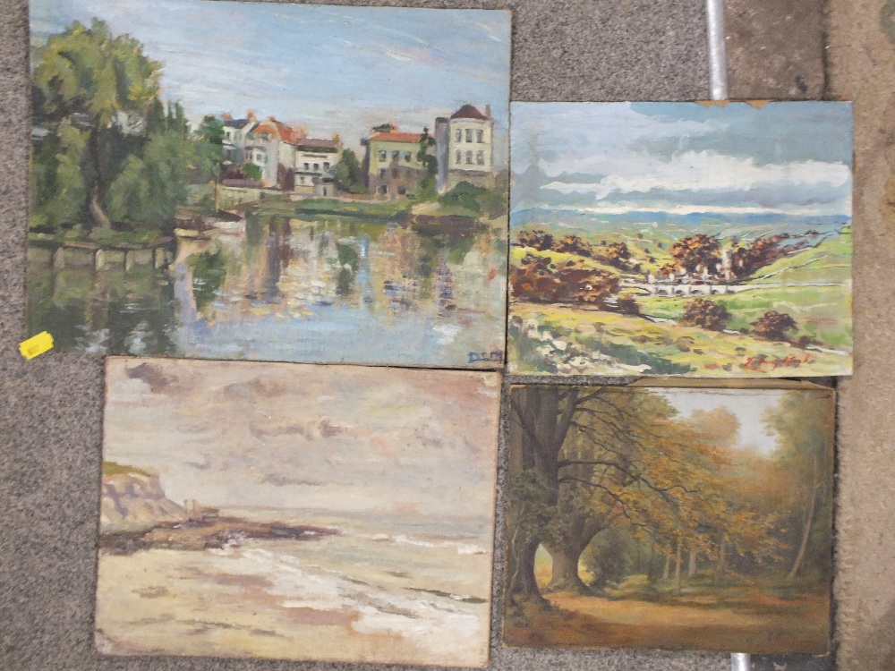 FOUR ASSORTED UNFRAMED OILS ON BOARD TO INCLUDE A SEASCAPE, WOODED LANDSCAPE ETC