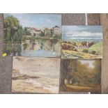 FOUR ASSORTED UNFRAMED OILS ON BOARD TO INCLUDE A SEASCAPE, WOODED LANDSCAPE ETC