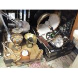 TWO TRAYS OF VINTAGE AND MODERN COLLECTABLES TO INCLUDE AN EVER READY LAMP, SPINNING WHEEL LAMP,