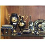 A COLLECTION OF BLUE AND GILT LIMOGES CASTEL CERAMICS TO INCLUDE MUSICAL INSTRUMENT SHAPED TRINKET