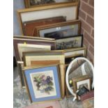 A LARGE QUANTITY OF PICTURES, PRINTS AND MIRRORS TO INCLUDE A W. RUSSELL FLINT PRINT