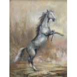 A LARGE FRAMED OIL ON BOARD DEPICTING A REARING HORSE SIGNED LEO CRABTREE 1972