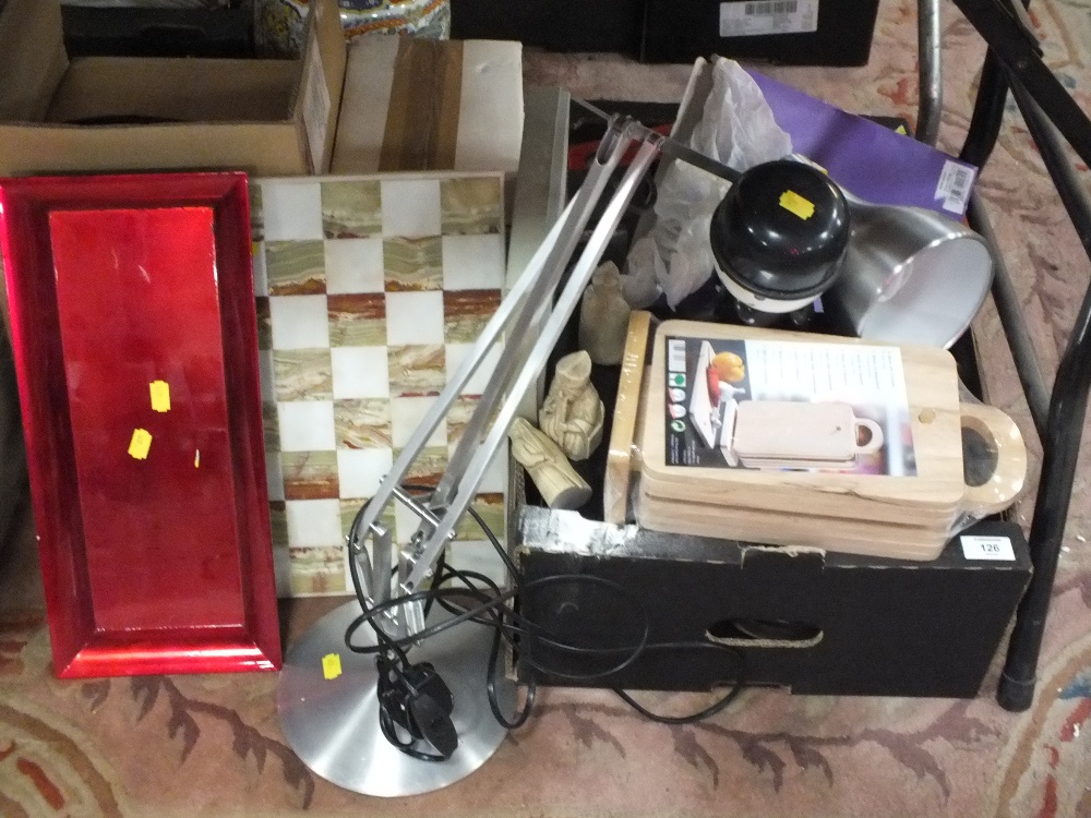 A QUANTITY OF ASSORTED HOUSEHOLD SUNDRIES TO INCLUDE AN ONYX CHESS BOARD, MODERN ANGLE POISE LAMP,