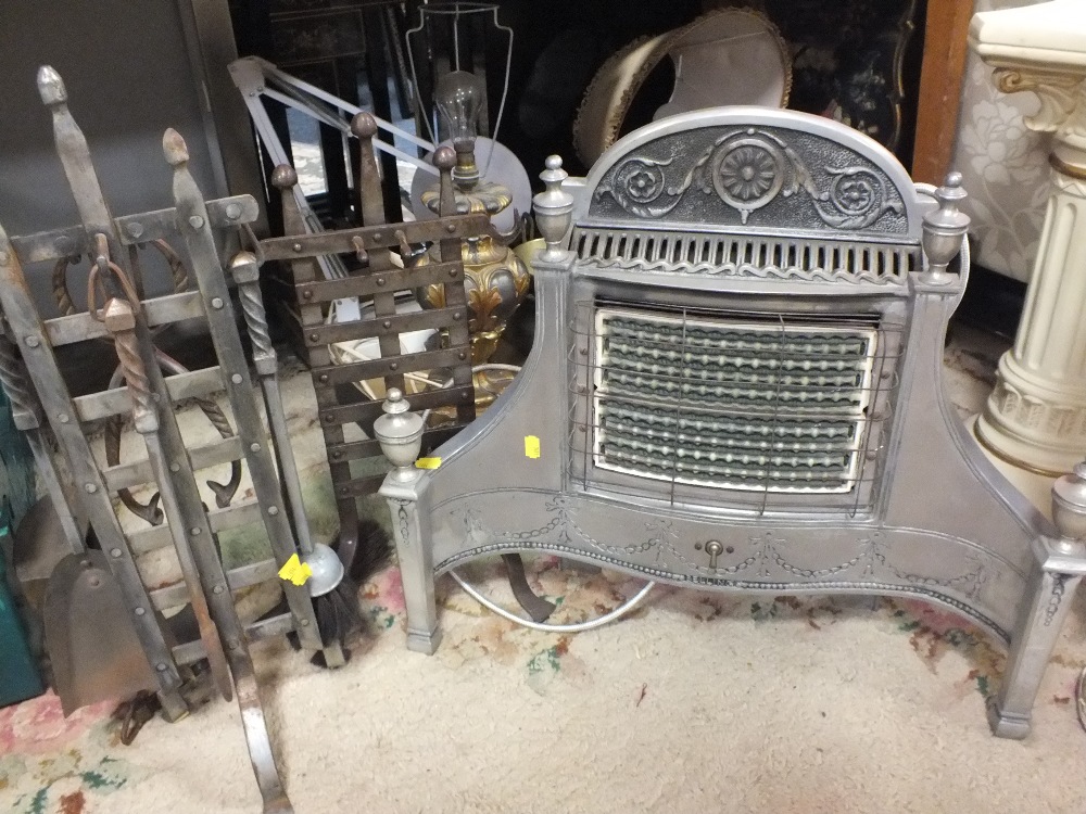 A VINTAGE CHROME EFFECT ELECTRIC FIREPLACE TOGETHER WITH TWO COMPANION SETS AND A BOOT SCRAPER