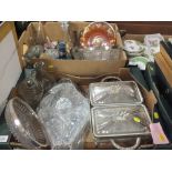 TWO TRAYS OF ASSORTED GLASSWARE TO INCLUDE SILVER PLATED EXAMPLES