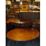 A REPRODUCTION MAHOGANY CONSOLE TABLE, HALF MOON TABLE AND A COFFEE TABLE (3)