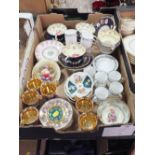 A TRAY OF VINTAGE CUPS AND SAUCERS ETC. TO INCLUDE SHELLEY, PARAGON, ETC.