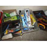 FOUR BOXES OF TOOLS, CAR ACCESSORIES, GARDEN ITEMS ETC