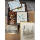 A TRAY OF ASSORTED PICTURES AND PRINTS TO INCLUDE A SMALL OIL ON BOARD DEPICTING A WOMAN IN A
