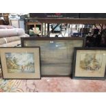 AN OAK FRAMED AND GLAZED WATERCOLOUR DEPICTING A SEASCAPE TOGETHER WITH TWO OTHER WATERCOLOURS