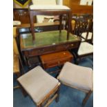 A MODERN SOFA TABLE, RETRO BOOKCASE, SMALL TABLE AND THREE STOOLS (6)