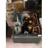 A TRAY OF ASSORTED CERAMICS TO INCLUDE LIMOGES TOGETHER WITH A LARGE ORIENTAL JAR AND COVER